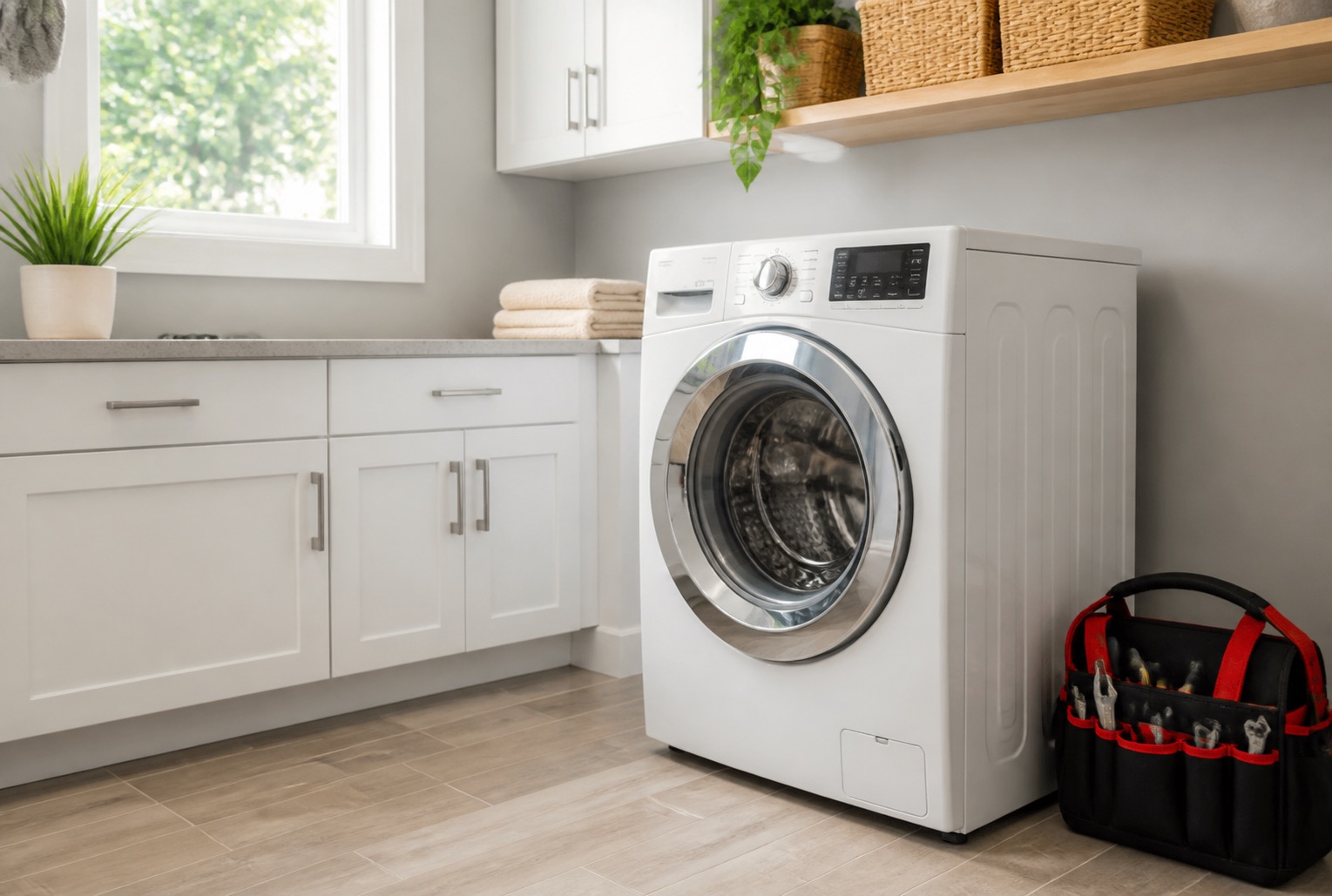 Front-load washer with service tools for Fort Myers washer repair questions