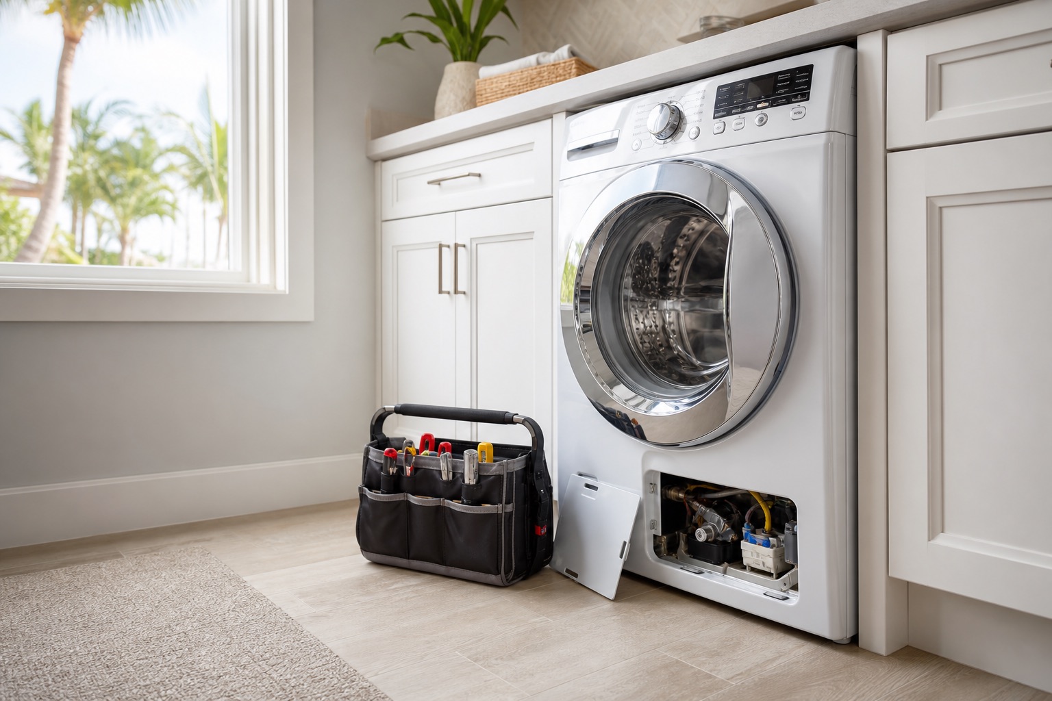 Washer repair service visual in a bright Southwest Florida laundry room