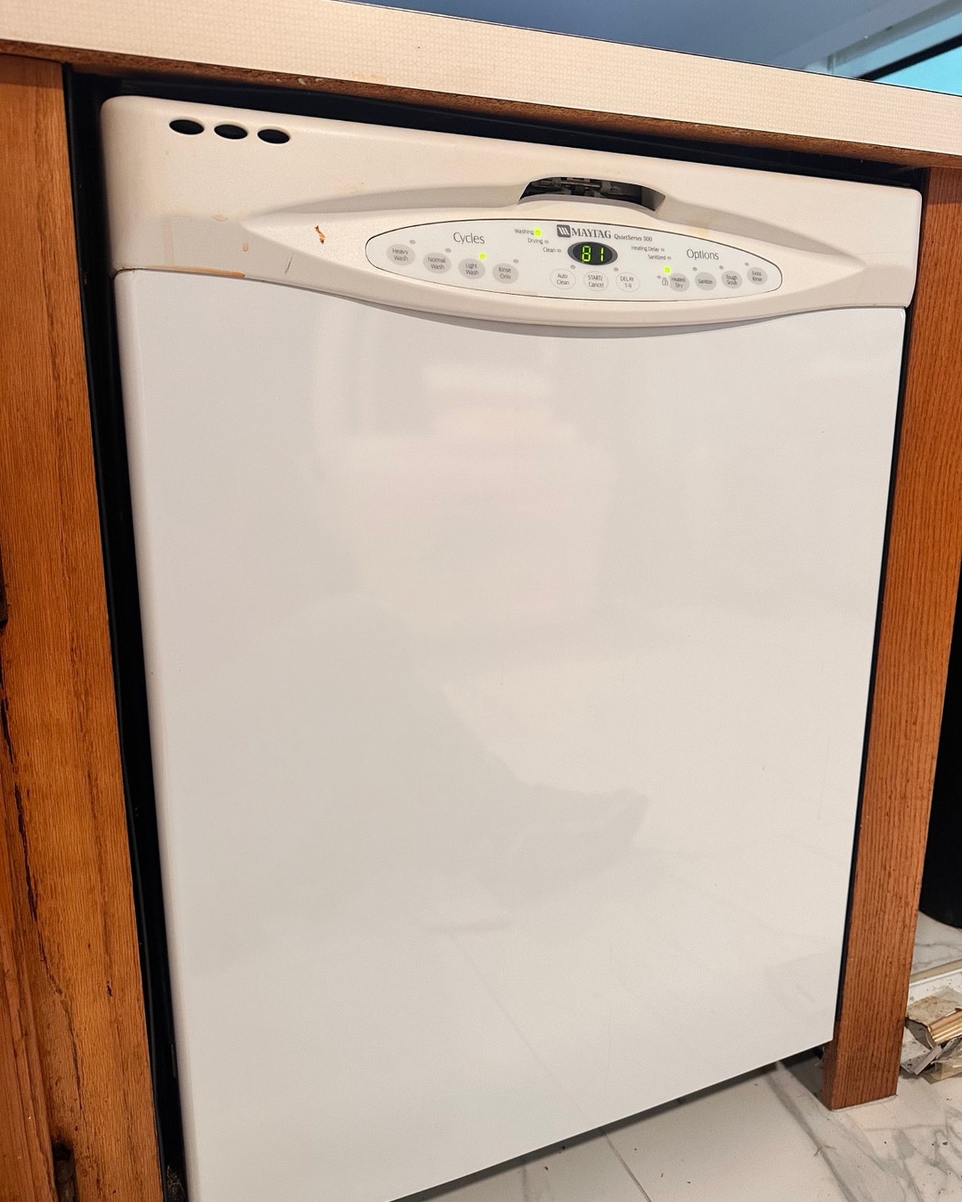 White dishwasher beneath a kitchen counter.