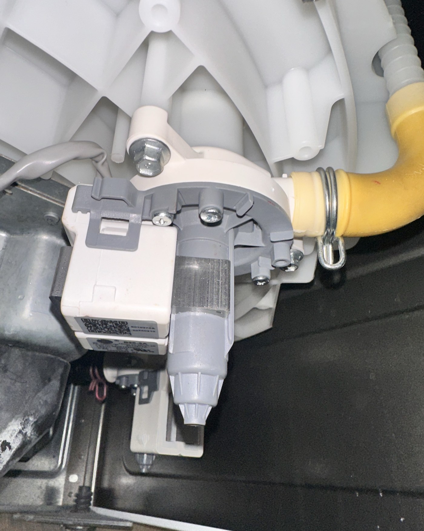 Circulation pump and hose connection beneath the washer tub.