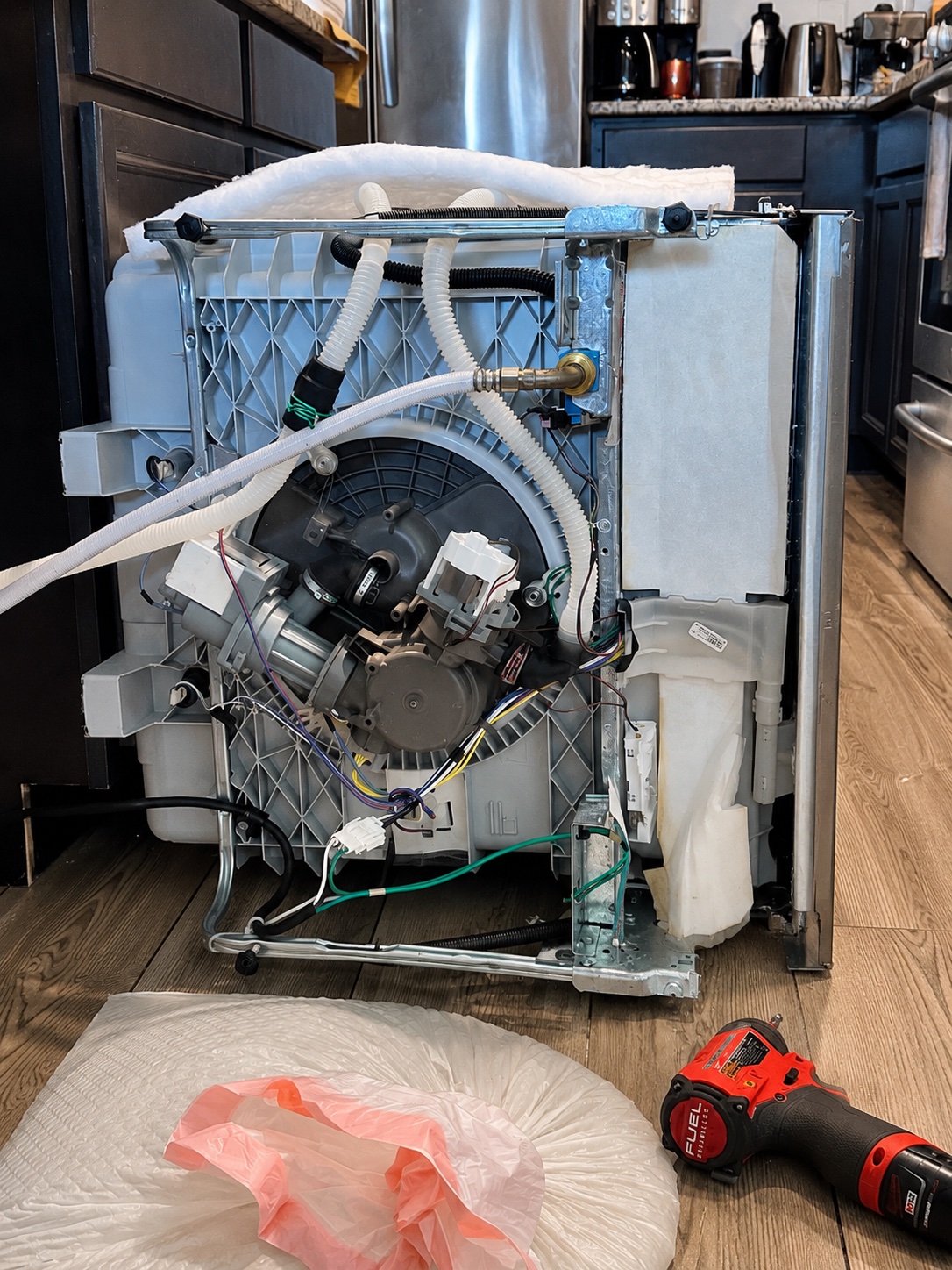 Whirlpool dishwasher pulled out for drain diagnosis and repair process proof in Fort Myers
