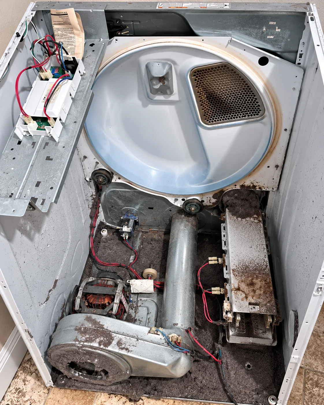 Whirlpool WED87HEDW1 electric dryer disassembled for heating element replacement and internal cleaning