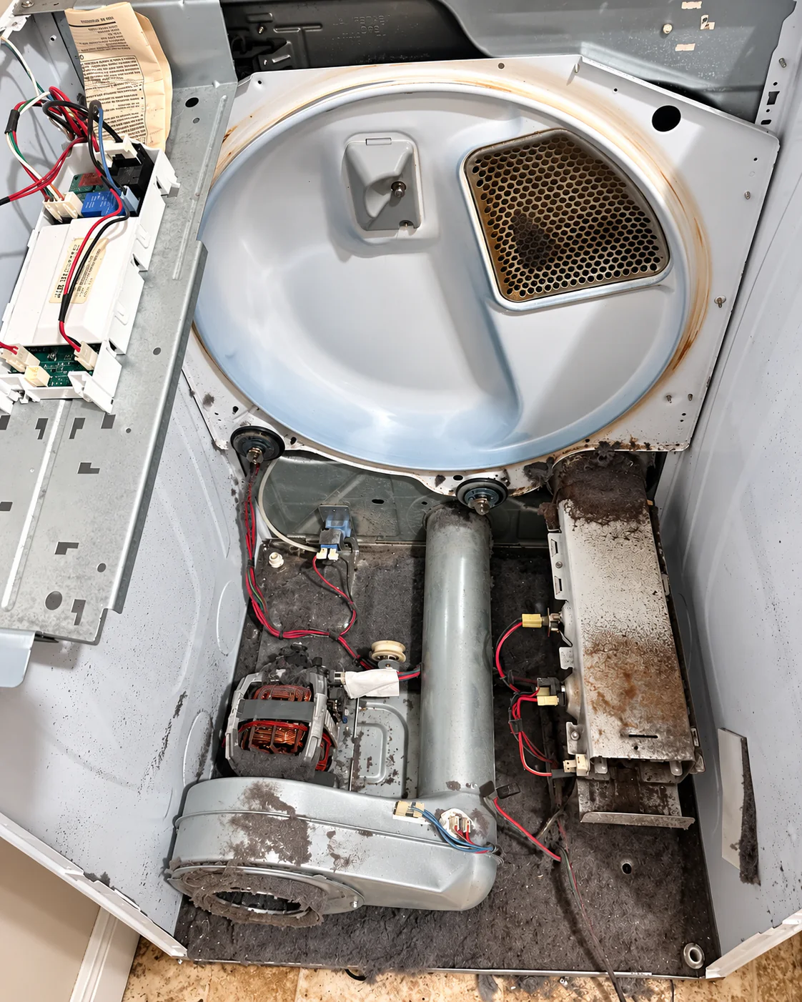 Lint accumulation inside a Whirlpool WED87HEDW1 electric dryer before internal cleaning